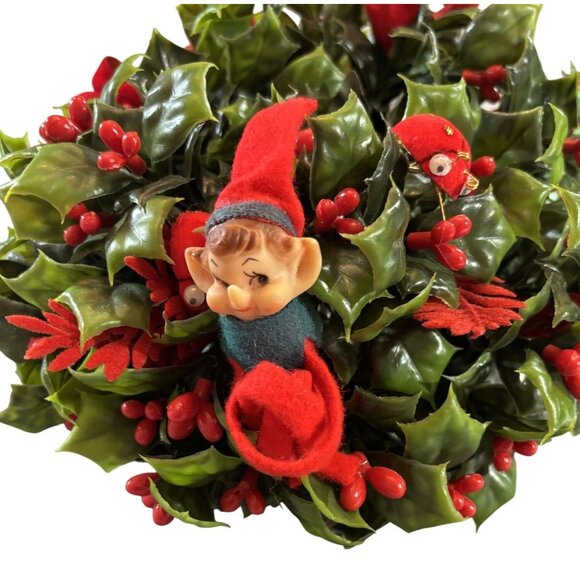 Vintage Christmas Holly Candle Holder Centerpiece With Red Berries & Elf Accents - Picture 7 of 7